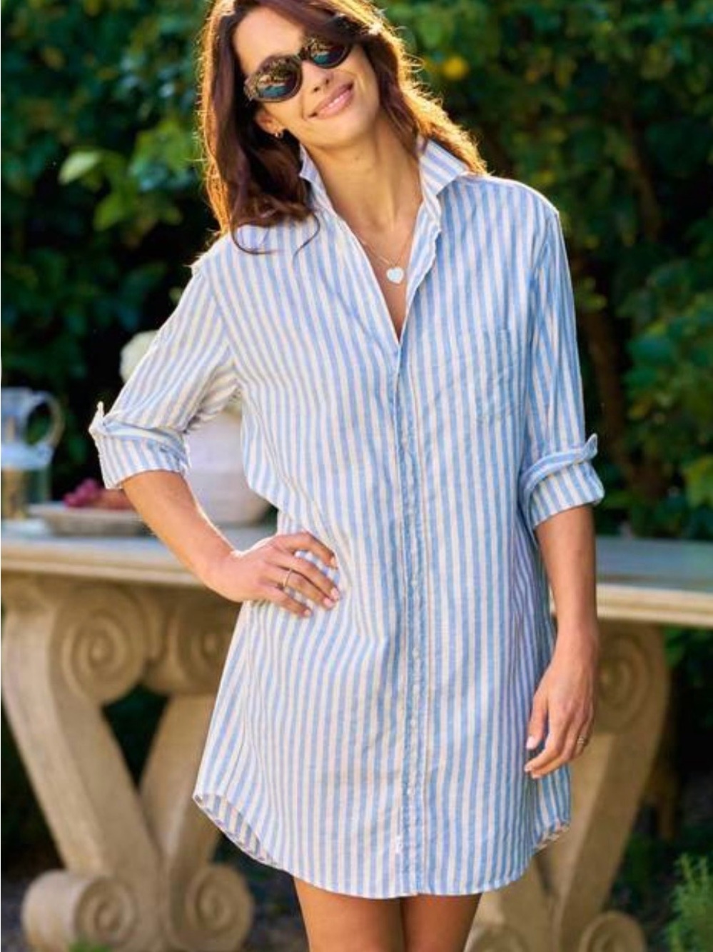 Frank & Eileen Mary Medium Light Blue and White Striped Long Sleeve Shirt Dress